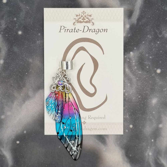 Large Silver & Rainbow Butterfly Wing Non-Pierced Ear Cuff (EC5203)