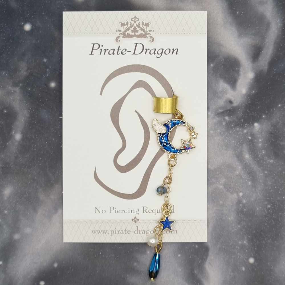 Blue Crescent Moon with Chain Drop Non-Pierced Ear Cuff (EC9574)