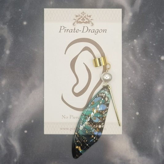 Medium Gold & Green/Blue Butterfly Wing Non-Pierced Ear Cuff (EC3037)