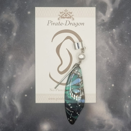 Medium Silver & Green/Blue Butterfly Wing Non-Pierced Ear Cuff (EC3039)