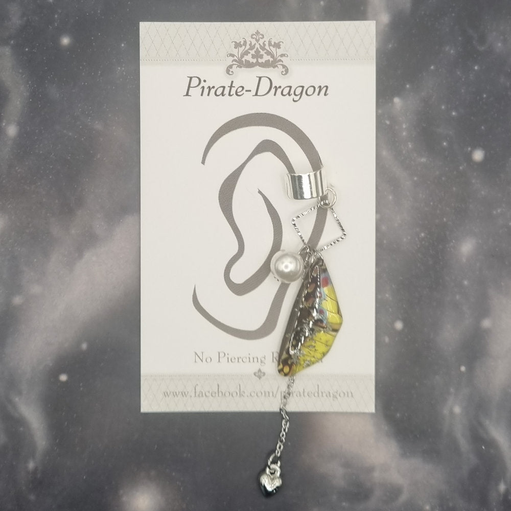 Small Silver & Yellow/Black Butterfly Wing Non-Pierced Ear Cuff (EC3048)