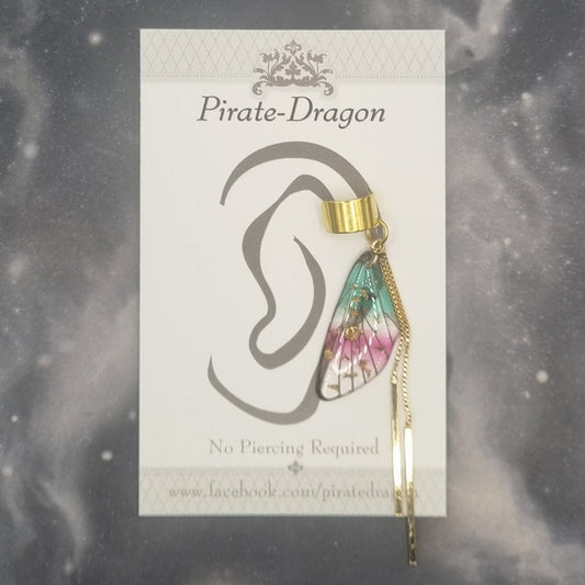 Small Gold & Pink/Green Butterfly Wing Non-Pierced Ear Cuff (EC3053)