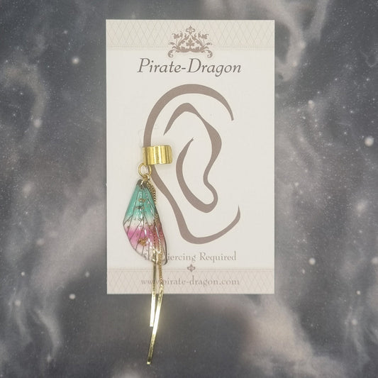 Small Gold & Pink/Green Butterfly Wing Non-Pierced Ear Cuff (EC3054)