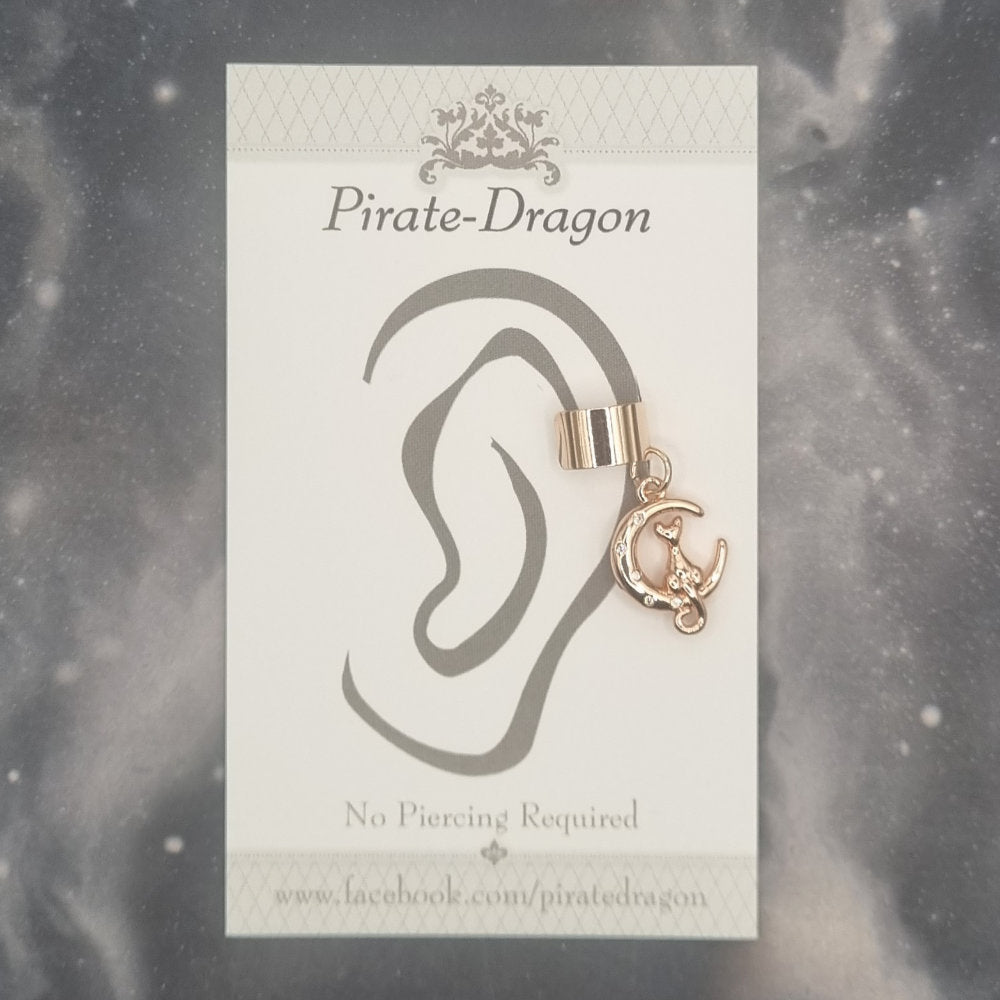 Rose Gold Cat on Rose Gold Gem Moon Non-Pierced Ear Cuff (EC3059)