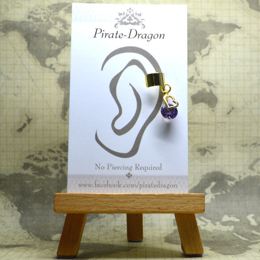 Non-Pierced Earcuff - Gold Heart with Purple Gem (EC4175)