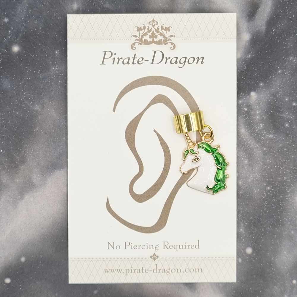 Green & White Unicorn Head - Non-Pierced Earcuff (EC4462)