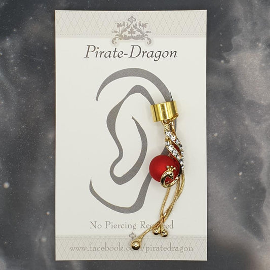 Red Bead Peacock with Chains Non-Pierced Ear Cuff (EC5042)