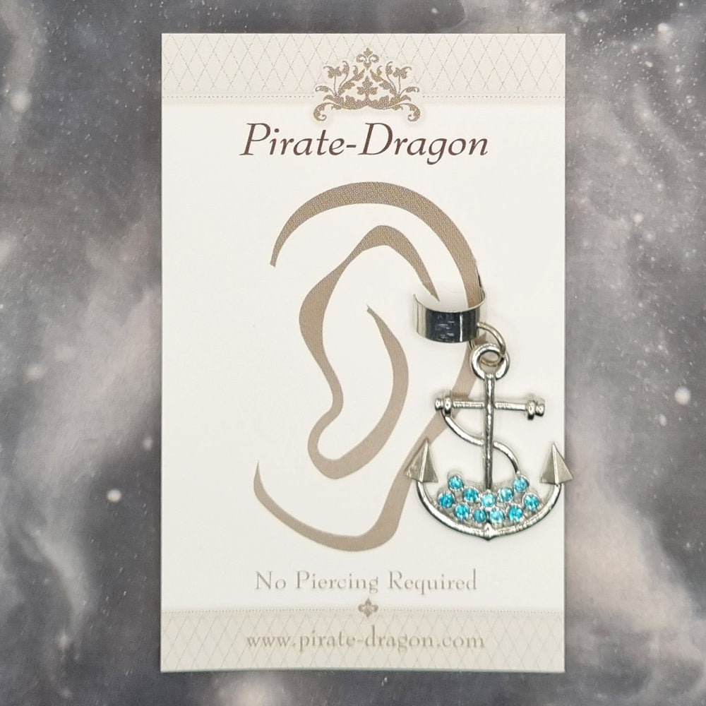 Non-Pierced Earcuff - Silver Anchor with Blue Gems (EC5081)