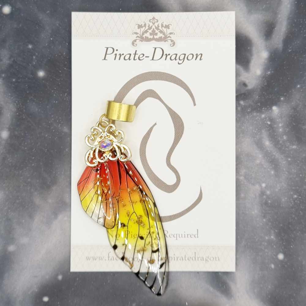 Large Gold & Red/Yellow Butterfly Wing Non-Pierced Ear Cuff (EC5108)