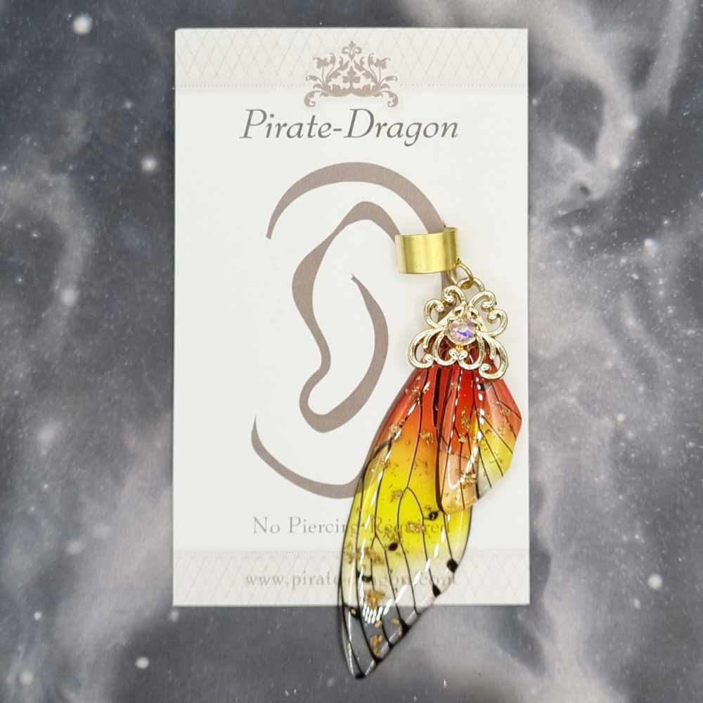 Large Gold & Red/Yellow Butterfly Wing Non-Pierced Ear Cuff (EC5109)