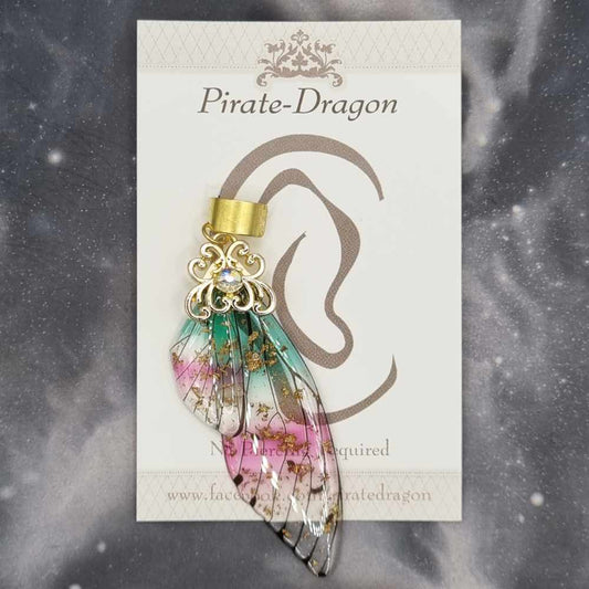 Large Gold & Green/Pink Butterfly Wing Non-Pierced Ear Cuff (EC5150)