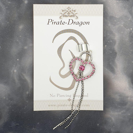 Pink Gem Heart with Chain Drops Non-Pierced Ear Cuff (EC9298)