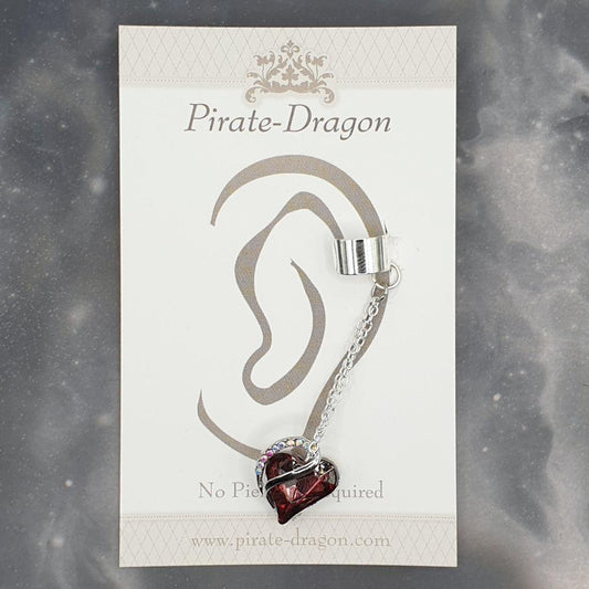 Red Gem Heart on Chain Drop Non-Pierced Ear Cuff (EC9302)