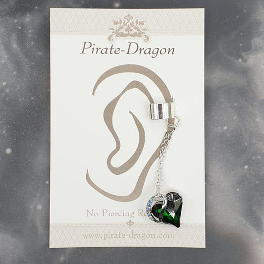 Green Gem Heart on Chain Drop Non-Pierced Ear Cuff (EC9303)