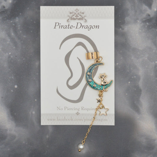 Cat on Blue/Green Moon with Pearl Drop Non-Pierced Ear Cuff (EC9506)