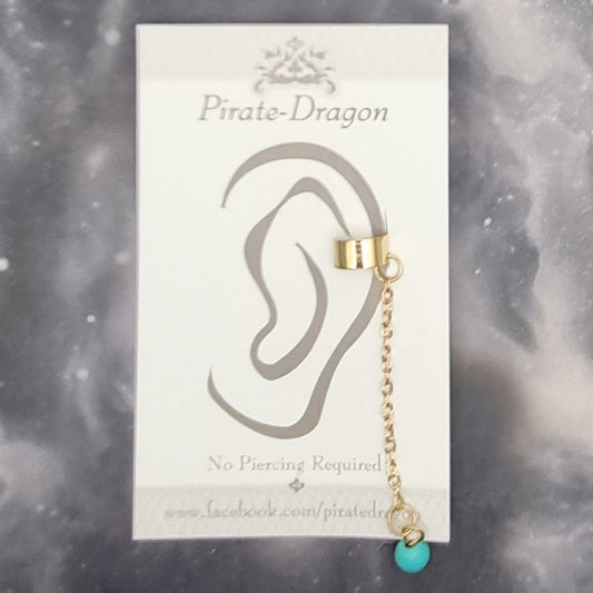 Blue Bead on Gold Chain Non-Pierced Ear Cuff (EC9663)