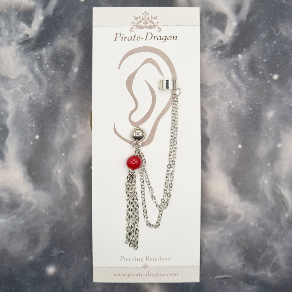 Red Bead with Silver Chains Pierced Earcuff (EC99002)