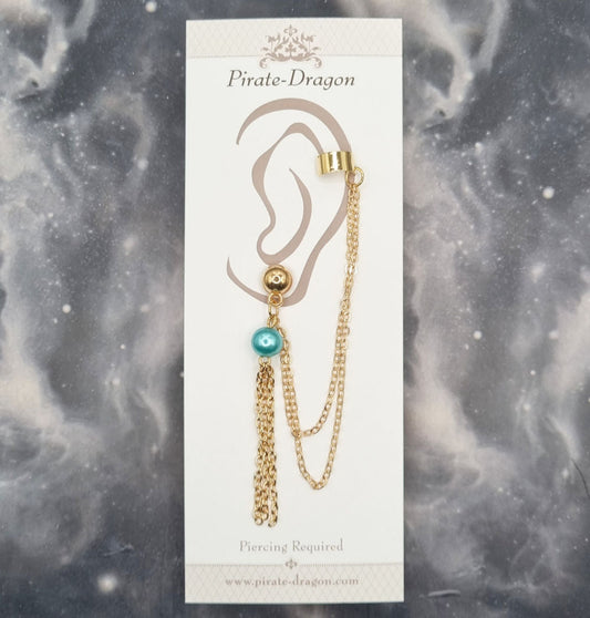 Blue Bead with Gold Chains Pierced Earcuff (EC99006)