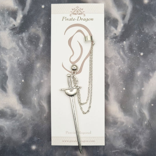 Silver Sword (Rapier) with Silver Chains Pierced Earcuff (EC99018)