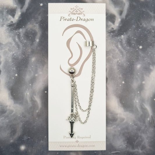 Silver Wand with Silver Chains Pierced Earcuff (EC99022)