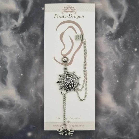 Silver Web & Spider with Silver Chains Pierced Earcuff (EC99057)