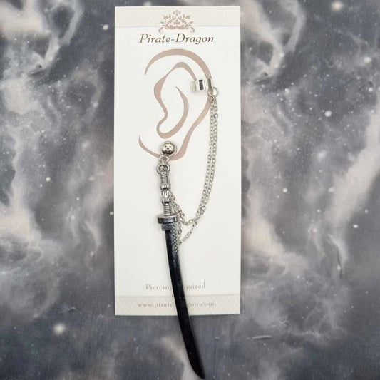 Gunmetal Sword (Katana) with Silver Chains Pierced Earcuff (EC99067)