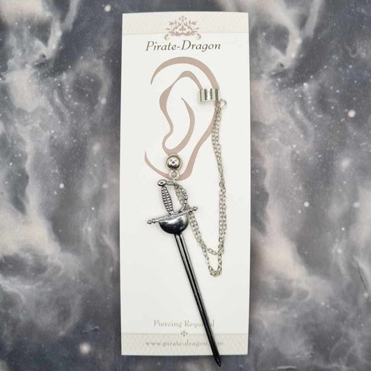 Gunmetal Sword (Rapier) with Silver Chains Pierced Earcuff (EC99068)