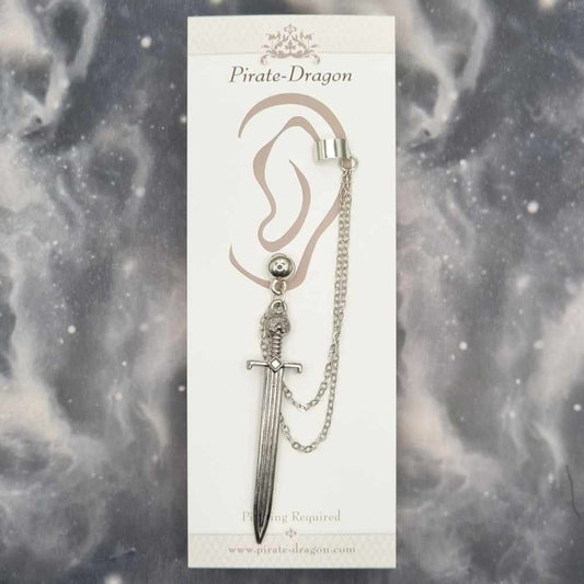 Gunmetal Sword (Shortsword) with Silver Chains Pierced Earcuff (EC99069)