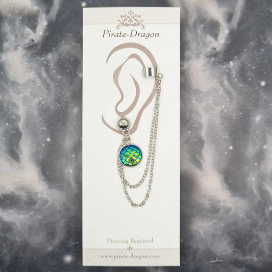 Blue/Green Mermaid Scale with Silver Chains Pierced Earcuff (EC99072)