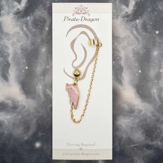 Pink Dangling Kitty with Gold Chain Pierced Earcuff (EC99102)