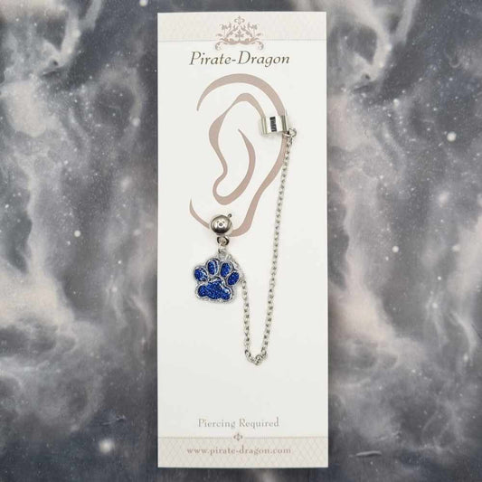 Dark Blue Glitter Paw Print with Silver Chain Pierced Earcuff (EC99105)