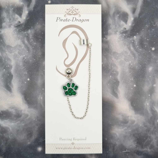 Dark Green Glitter Paw Print with Silver Chain Pierced Earcuff (EC99108)