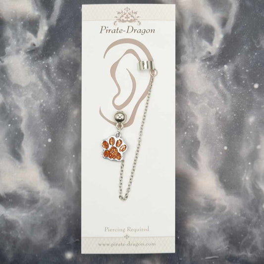 Orange Glitter Paw Print with Silver Chain Pierced Earcuff (EC99112)