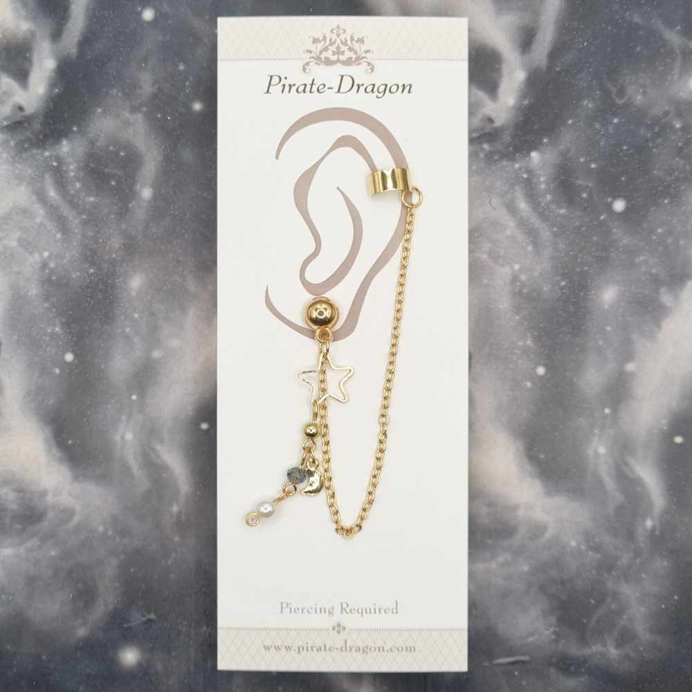 Gold Stars & Moon with Gold Chain Pierced Earcuff (EC99161)