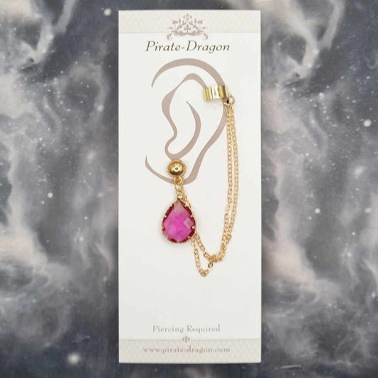 Pink Teardrop Gem with Gold Chains Pierced Earcuff (EC99166)