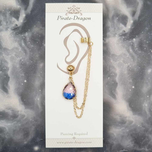 Purple/Blue Teardrop Gem with Gold Chains Pierced Earcuff (EC99167)