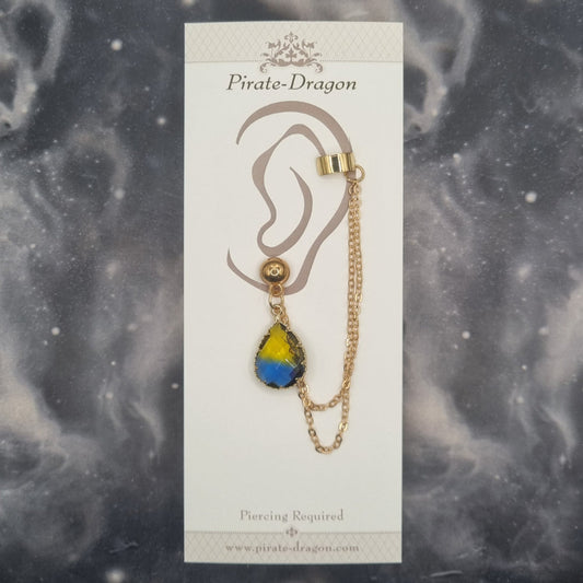 Blue/Yellow Teardrop Gem with Gold Chains Pierced Earcuff (EC99168)