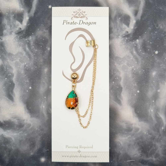 Green/Orange Teardrop Gem with Gold Chains Pierced Earcuff (EC99169)