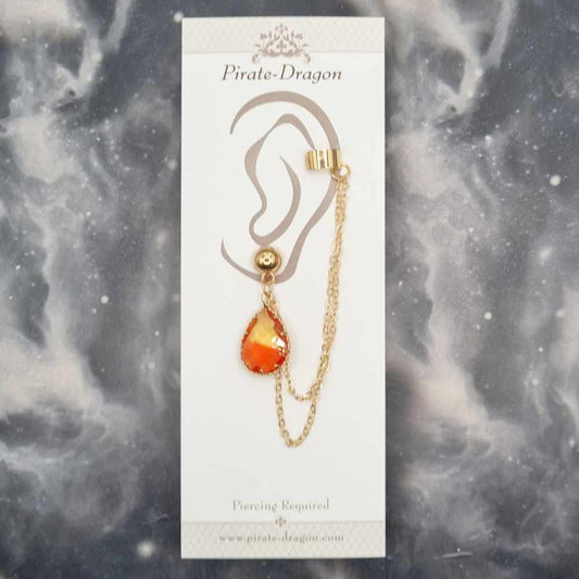 Orange Teardrop Gem with Gold Chains Pierced Earcuff (EC99170)