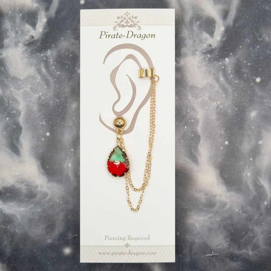 Green/Red Teardrop Gem with Gold Chains Pierced Earcuff (EC99173)