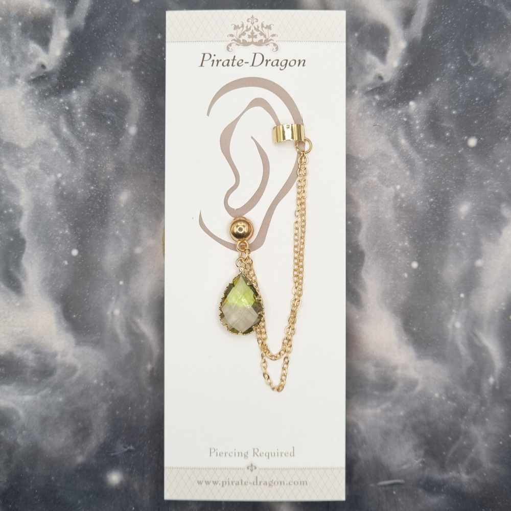 Green/Grey Teardrop Gem with Gold Chains Pierced Earcuff (EC99177)