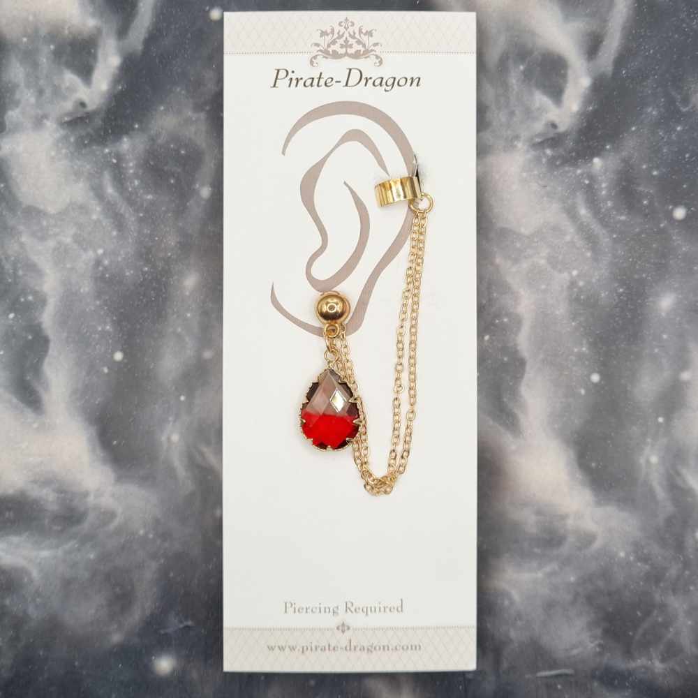 Grey/Red Teardrop Gem with Gold Chains Pierced Earcuff (EC99179)