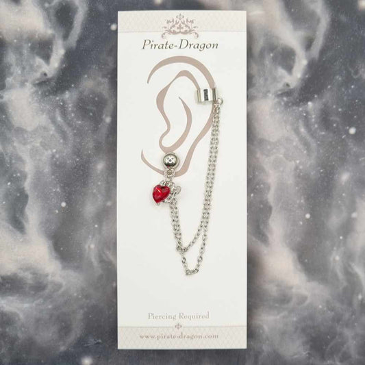 Red Gem Heart with Devil's Tail on Silver Chains Pierced Earcuff (EC99181)