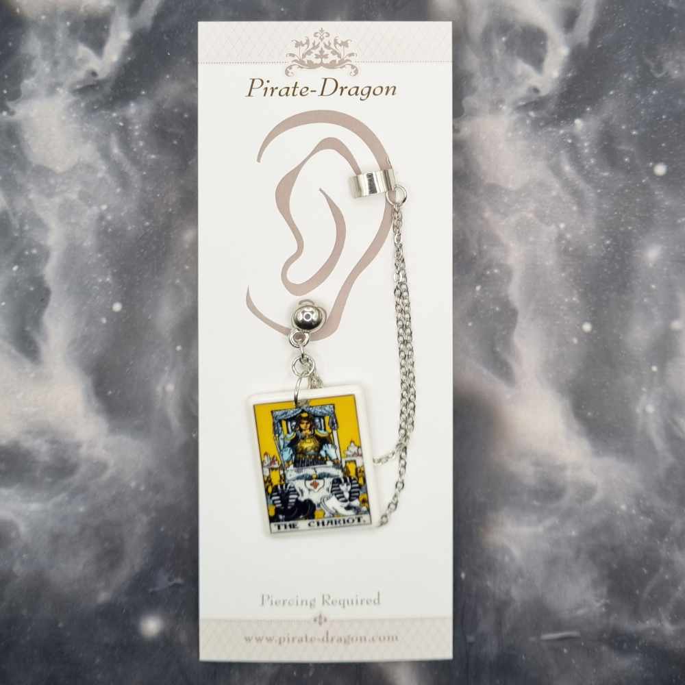 THE CHARIOT Tarot Card with Silver Chains Pierced Earcuff (EC99218)