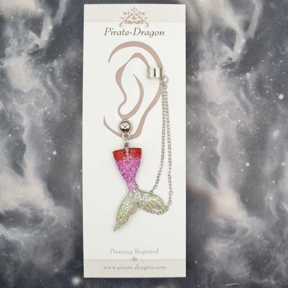 Red/Pink/Silver Mermaid Tail with Silver Chains Pierced Earcuff (EC99235)