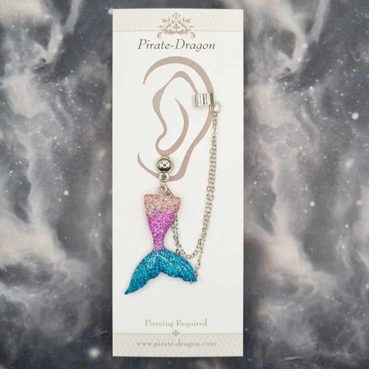 Cream/Pink/Blue Mermaid Tail with Silver Chains Pierced Earcuff (EC99237)