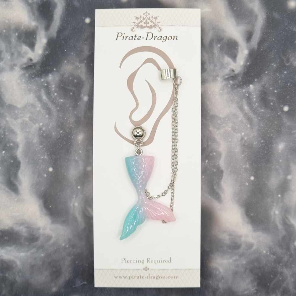 Blue/Pink Pastel Mermaid Tail with Silver Chains Pierced Earcuff (EC99238)