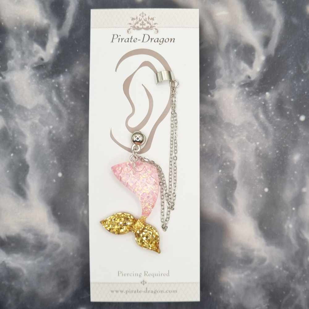 Pink/Gold Mermaid Tail with Silver Chains Pierced Earcuff (EC99246)