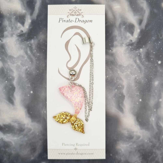 Pink/Gold Mermaid Tail with Silver Chains Pierced Earcuff (EC99246)