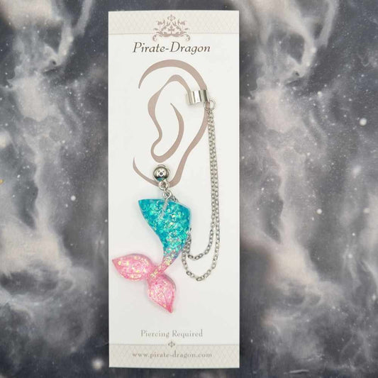 Blue/Pink Mermaid Tail with Silver Chains Pierced Earcuff (EC99248)